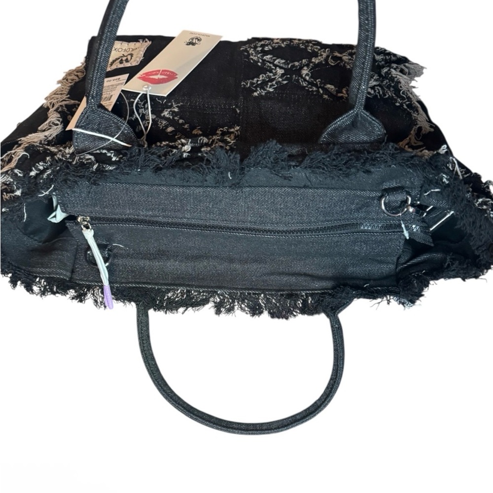 Wildfox Black Denim Distressed Black/Gray Detail Tote Bag w/adjustable strap - Picture 4 of 4